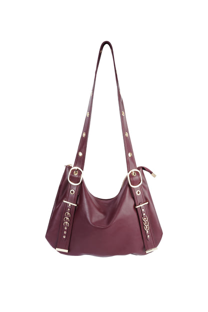 Leather burgundy shoulder bag with gold-tone hardware and studded straps