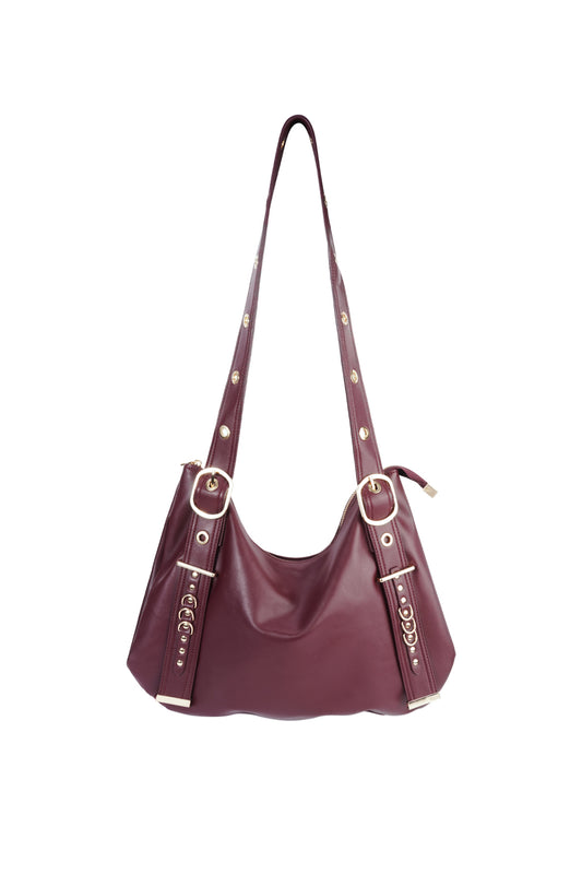 Leather burgundy shoulder bag with gold-tone hardware and studded straps