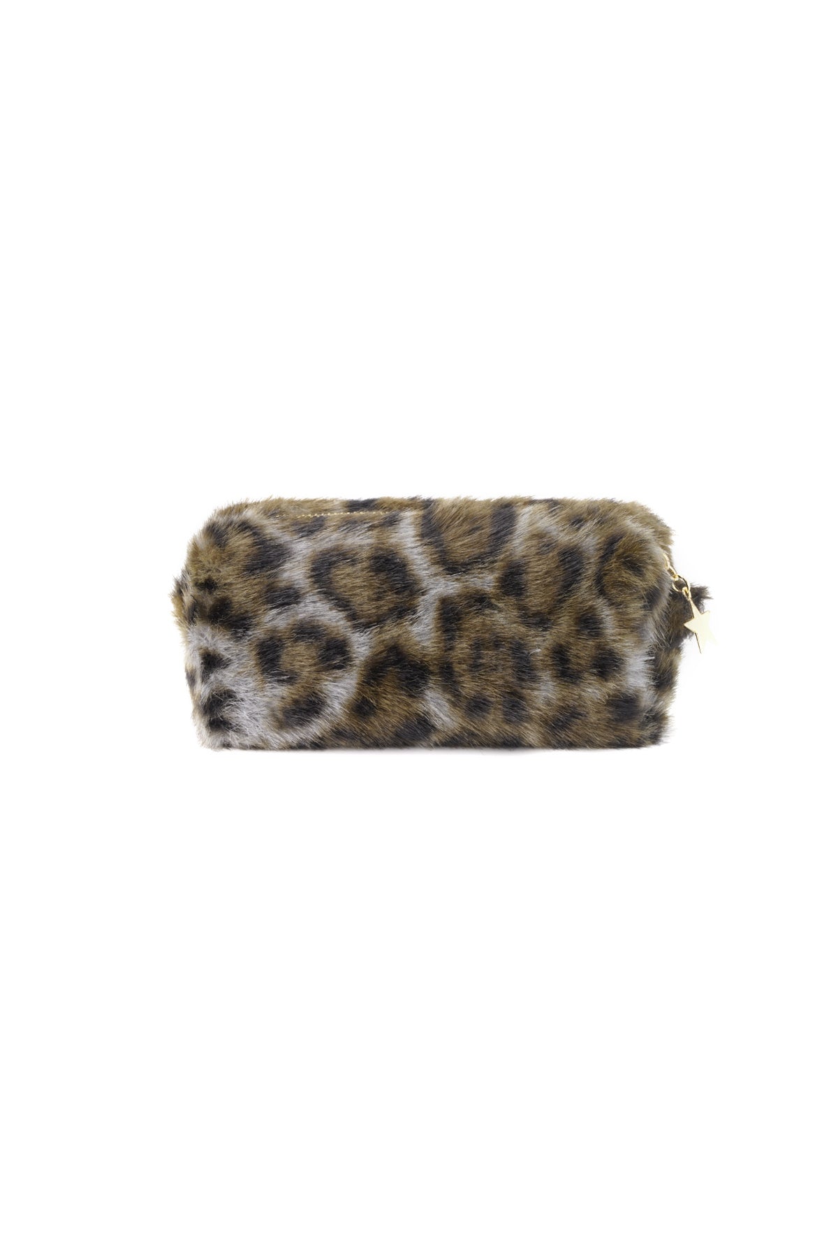 Panterprint make-up tas af faux fur; Amour Bijoux, leopardmønster makeupbag med guldfarvet stjernevedhæng
