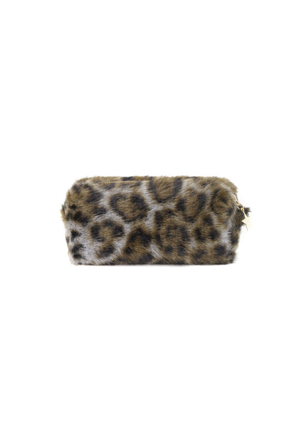 Panterprint make-up tas af faux fur; Amour Bijoux, leopardmønster makeupbag med guldfarvet stjernevedhæng