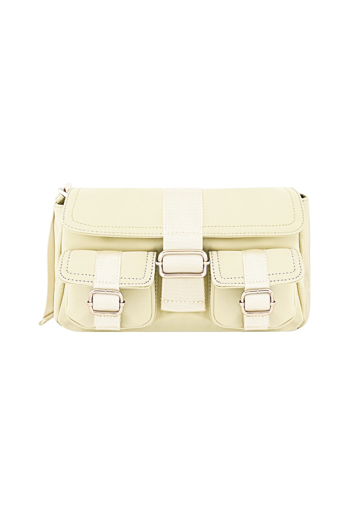Schattige cargo tas, beige Amour Bijoux schoudertas met twee voorzakken en gespsluitingen