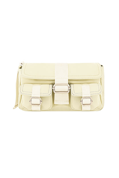 Schattige cargo tas, beige Amour Bijoux schoudertas met twee voorzakken en gespsluitingen
