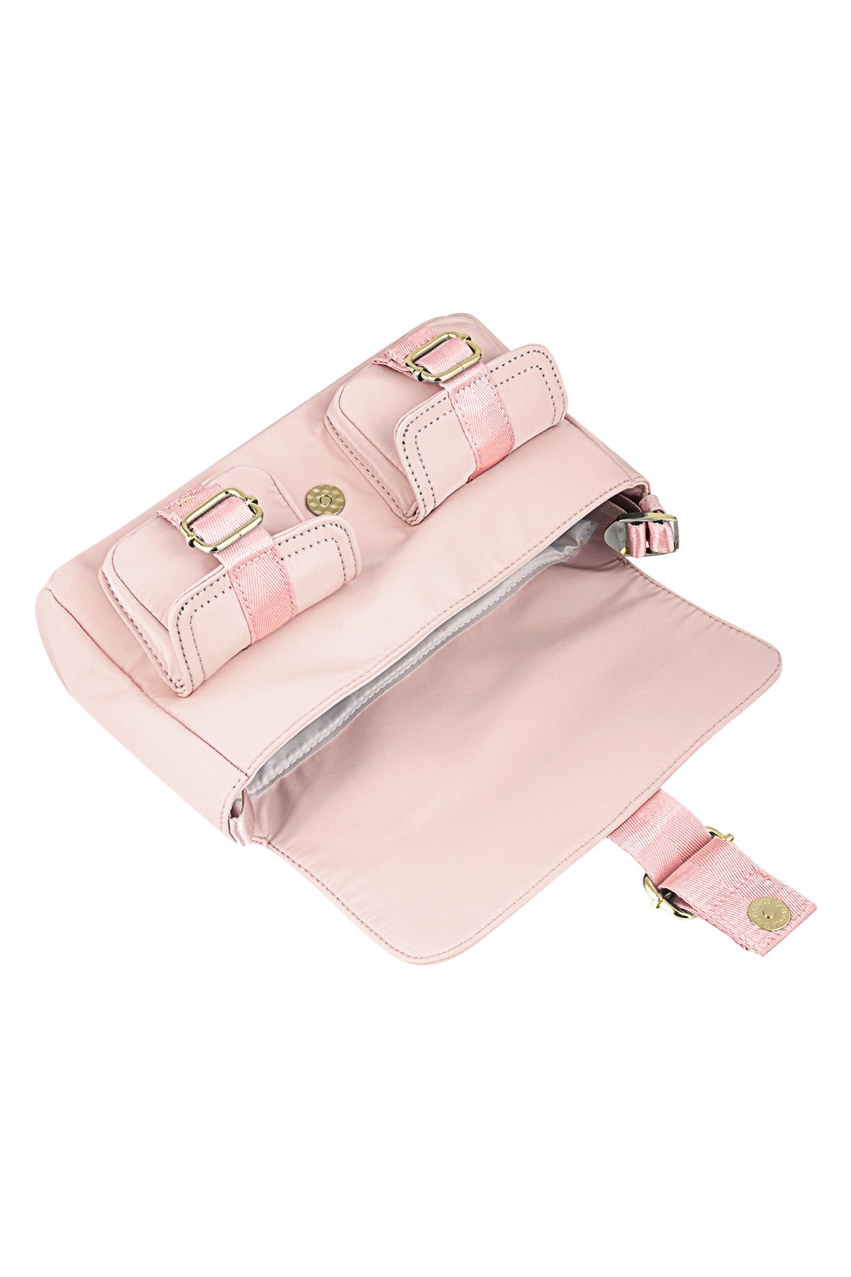 Schattige cargo tas shoulder bag by Amour Bijoux in pink with two buckle-fastened front pockets