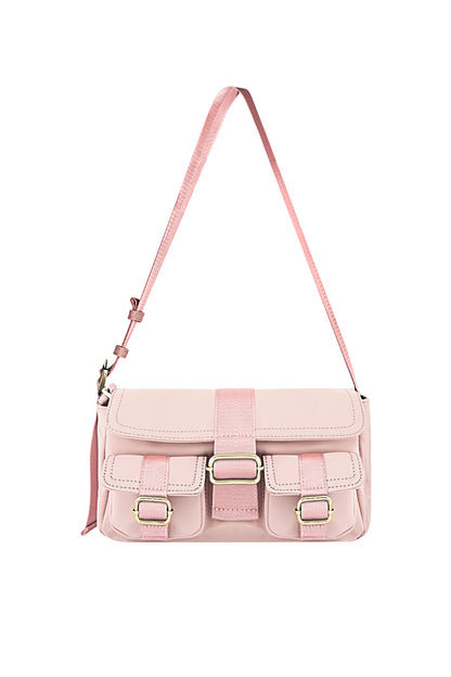Schattige cargo tas van Amour Bijoux, pastel roze schoudertas met verstelbare riem en dubbele voorvakken