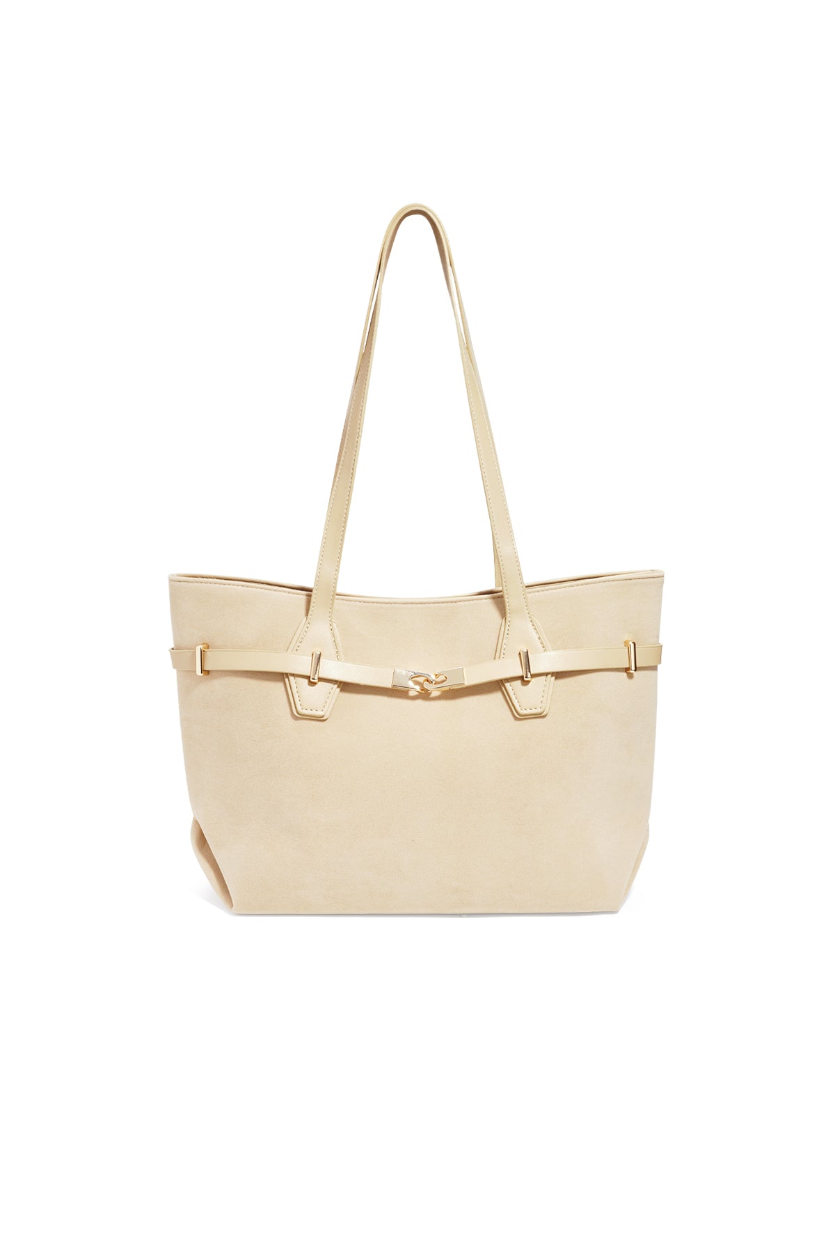 Amour Bijoux Luxe tote bag in beige suede with matching straps and front belt detail