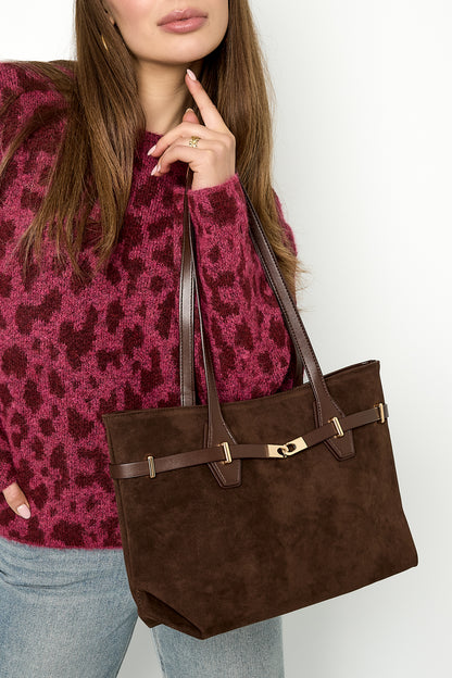 Luxe tote bag by Amour Bijoux, brown suede with leather straps and gold hardware